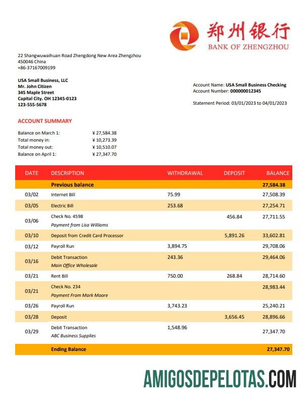 Realistis bank of Zhengzhou firm rekening laporan Word and PDF templat