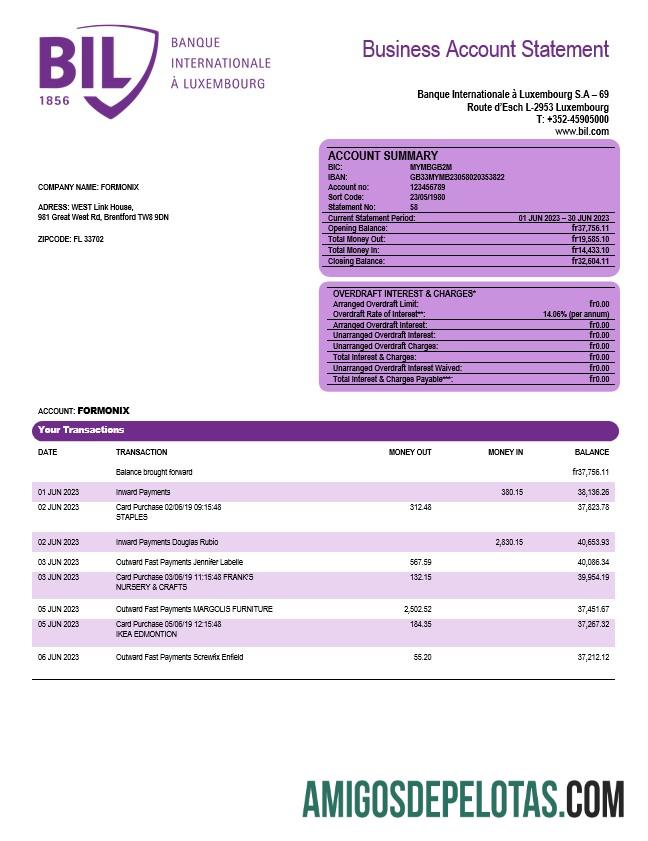 Premium Banque Internationale a Luksemburg organization checking rekening laporan Word and PDF templat