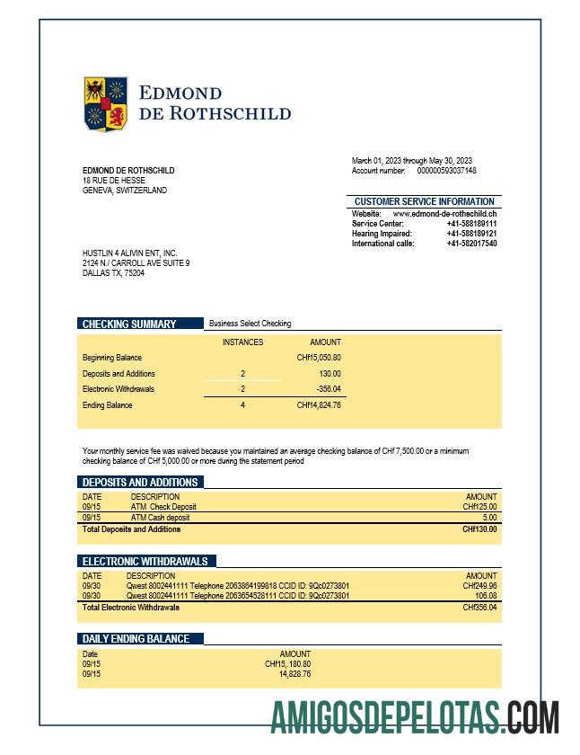 Realistis Banque Privee Edmond de Rothschild organization checking rekening laporan Word and PDF templat