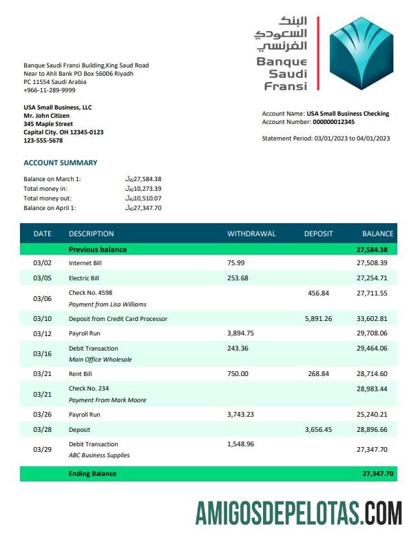 Realistis Banque Arab Saudi Fransi Perusahaan checking rekening laporan Word and PDF templat
