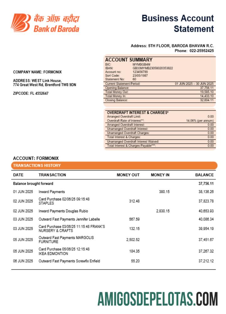 Dapat Diedit Bob bank of Boroda bank organization checking rekening laporan Word and PDF templat