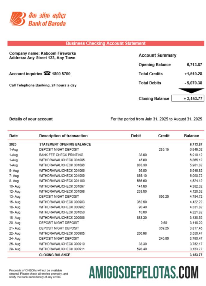 Profesional Bob bank of Boroda firm rekening laporan Word and PDF templat
