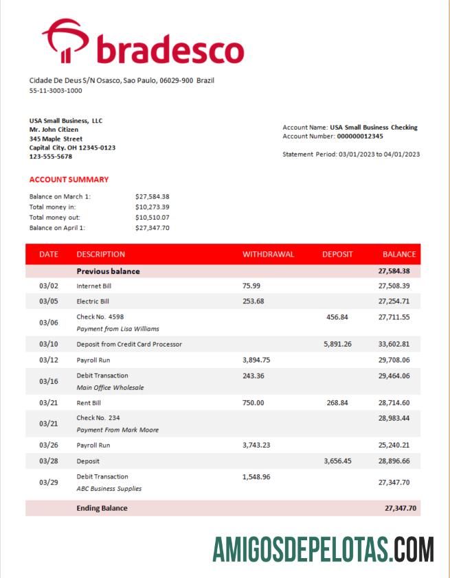 Realistis Bradesco bank corporate rekening laporan Word and PDF templat