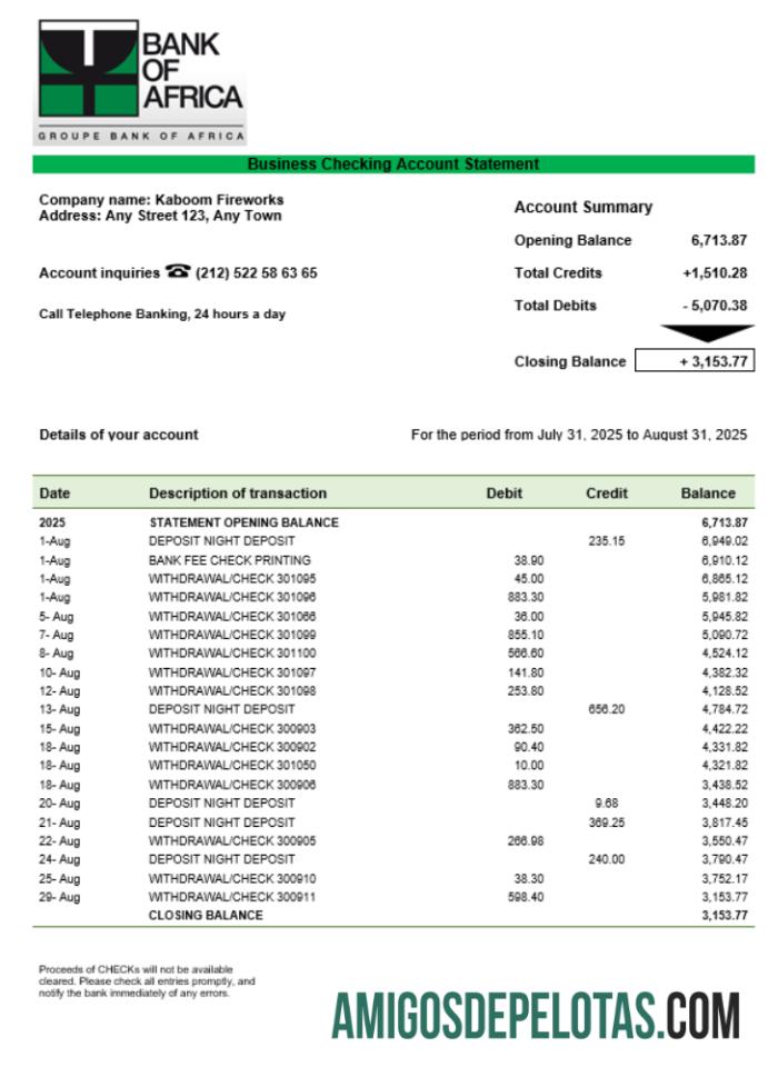 Burundi bank of Africa bank organization checking rekening laporan Word and PDF format sampel