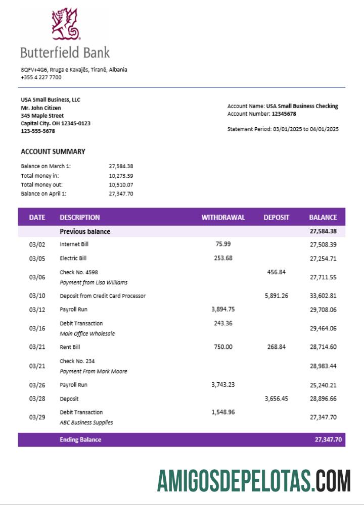 Butterfield bank organization checking rekening laporan Word and PDF format sampel