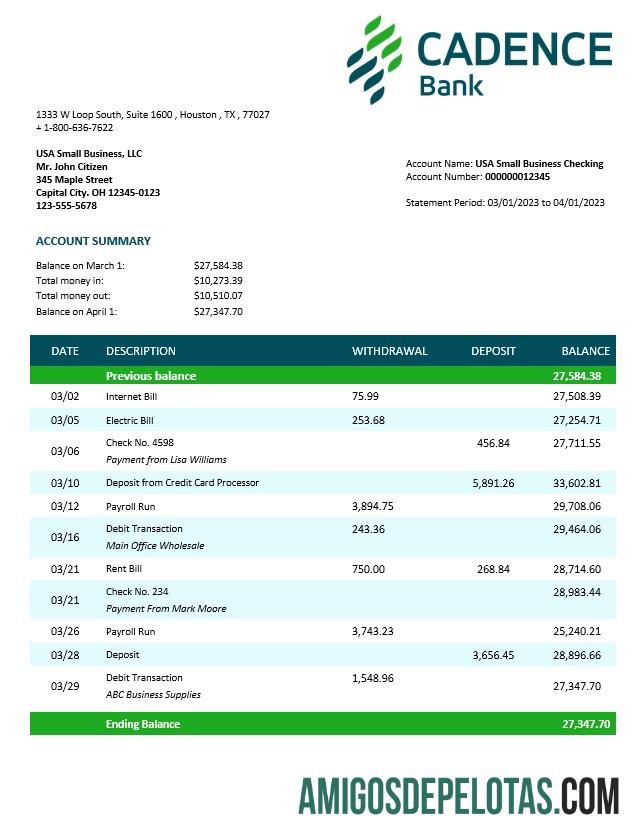 Berkualitas Cadence bank corporate checking rekening laporan Word and PDF templat