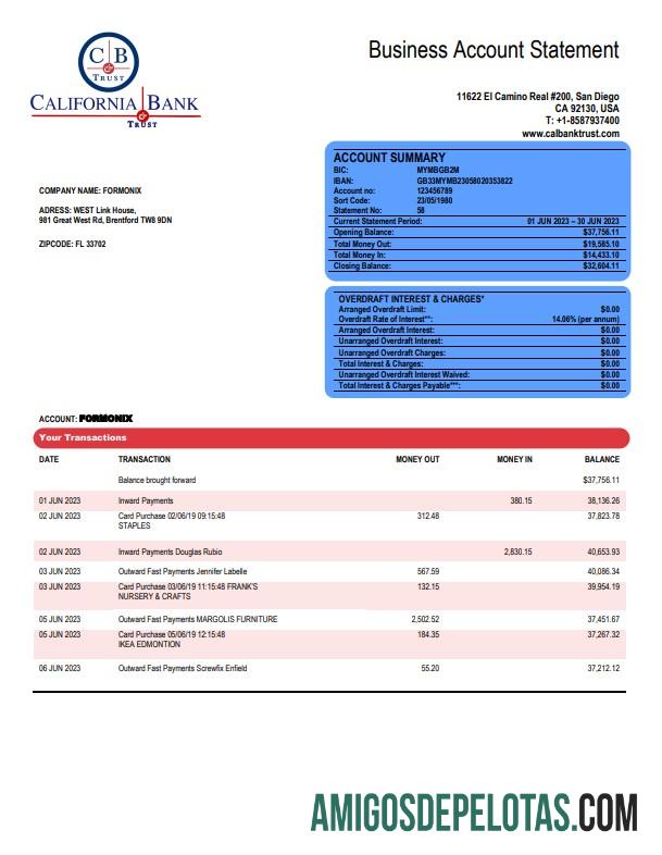 Profesional California bank & Trust organization checking rekening laporan Word and PDF templat