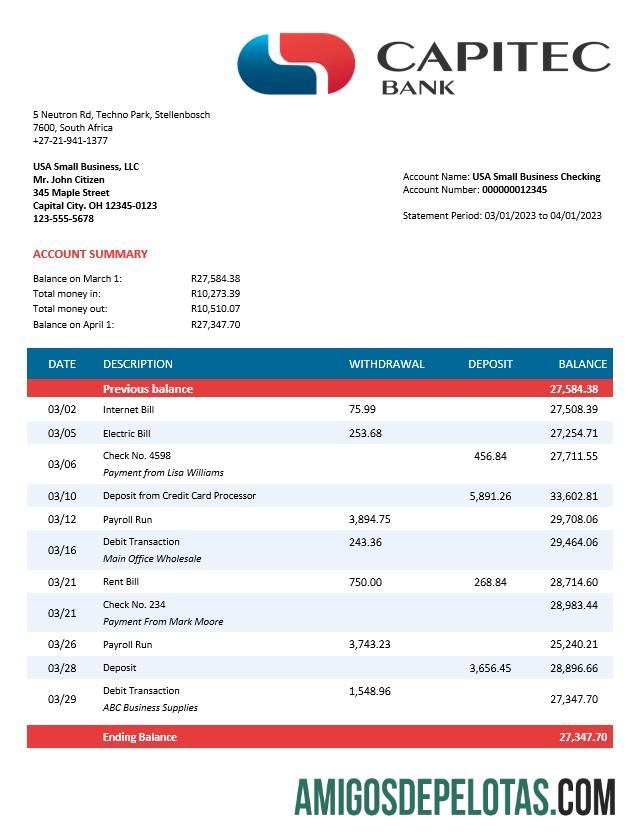 Profesional Capitec bank firm rekening laporan Word and PDF templat