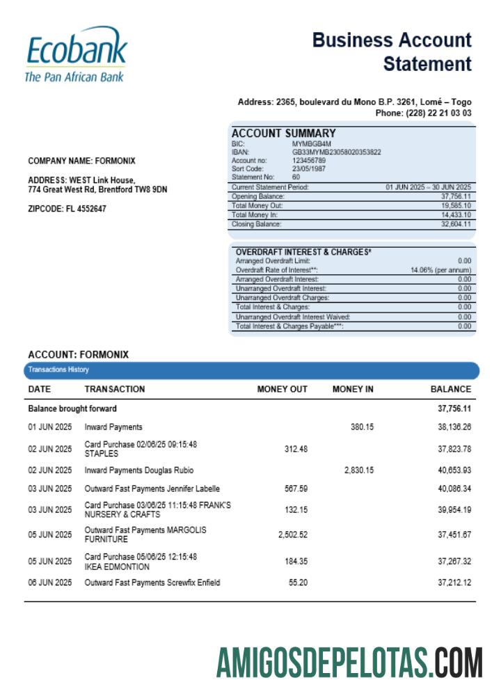 Central African Ecobank bisnis bank organization rekening laporan Word and PDF format desain