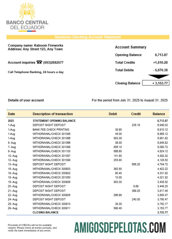 Central bank of Ecuadorian organization checking rekening laporan Word and PDF format sampel