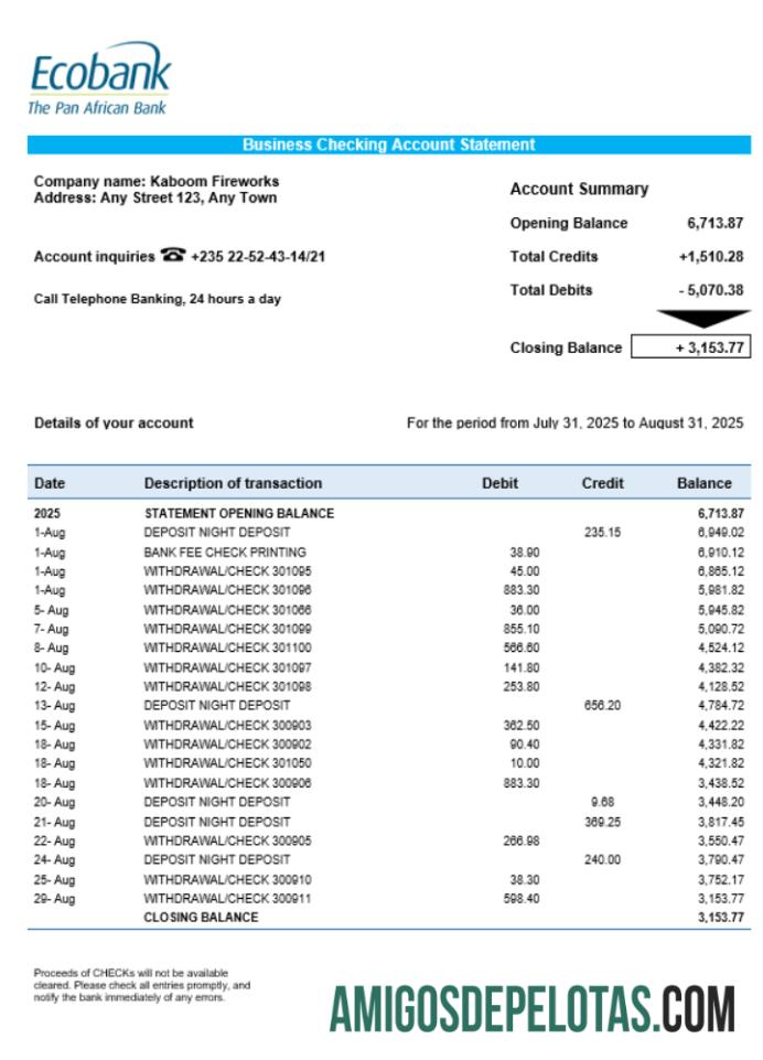 Profesional Chad Ecobank organization checking rekening laporan Word and PDF templat