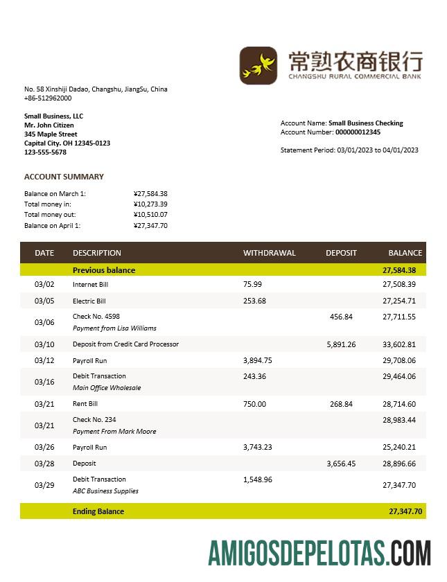 Realistis Changshu Rural komersial bank firm rekening laporan Word and PDF templat