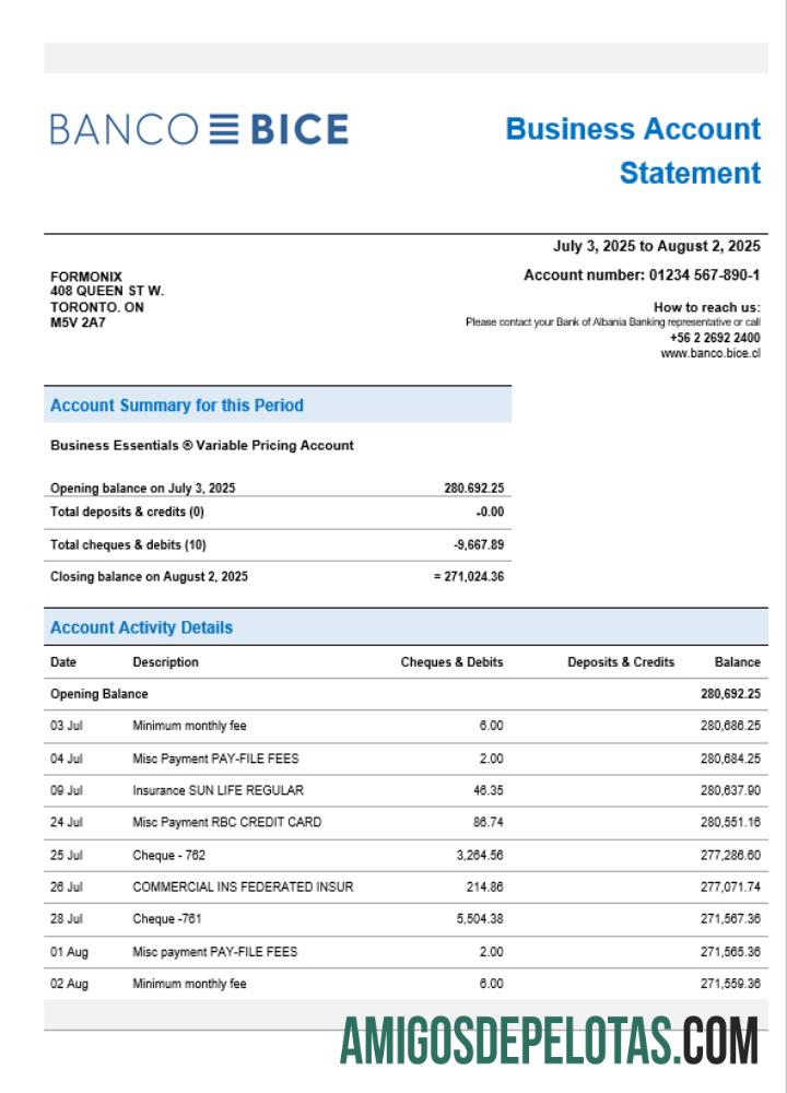 Chilean Banco Bice bisnis firm rekening bank laporan Word and PDF format makering
