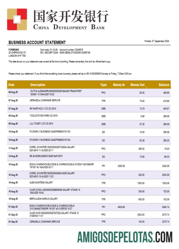 Chinese Development bank rekening bisnis laporan Word and PDF format makering