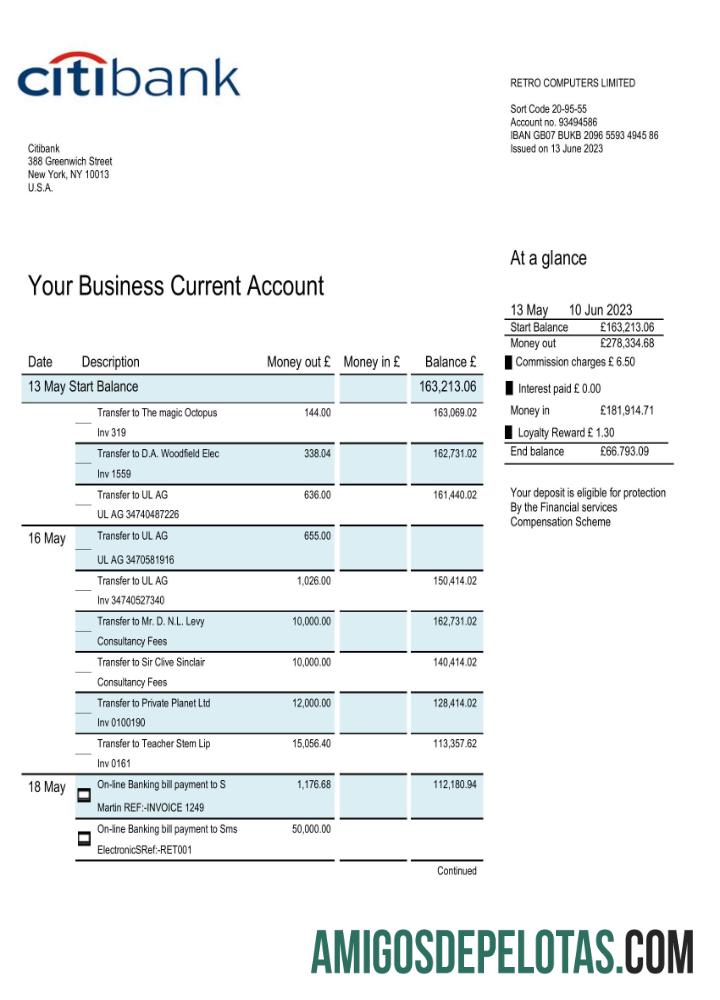 Dapat Diedit Citibank bank bisnis rekening laporan Word and PDF templat