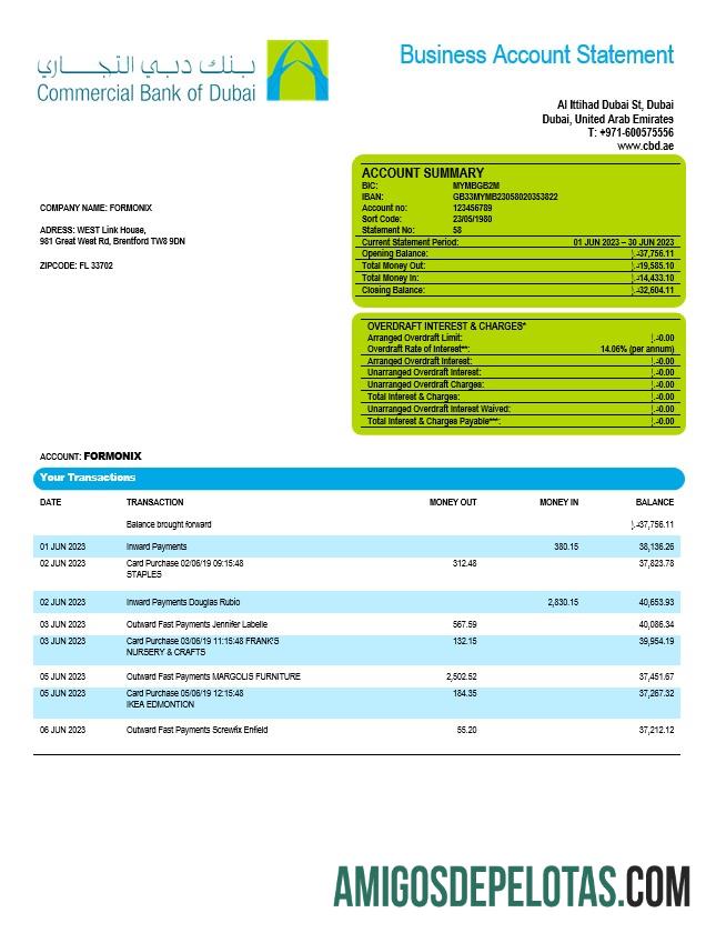 Realistis komersial bank of Dubai Perusahaan checking rekening laporan Word and PDF templat