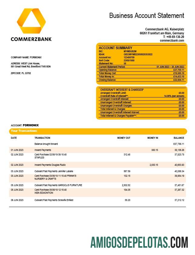 Dapat Diedit Commerzbank Perusahaan checking rekening laporan Word and PDF templat