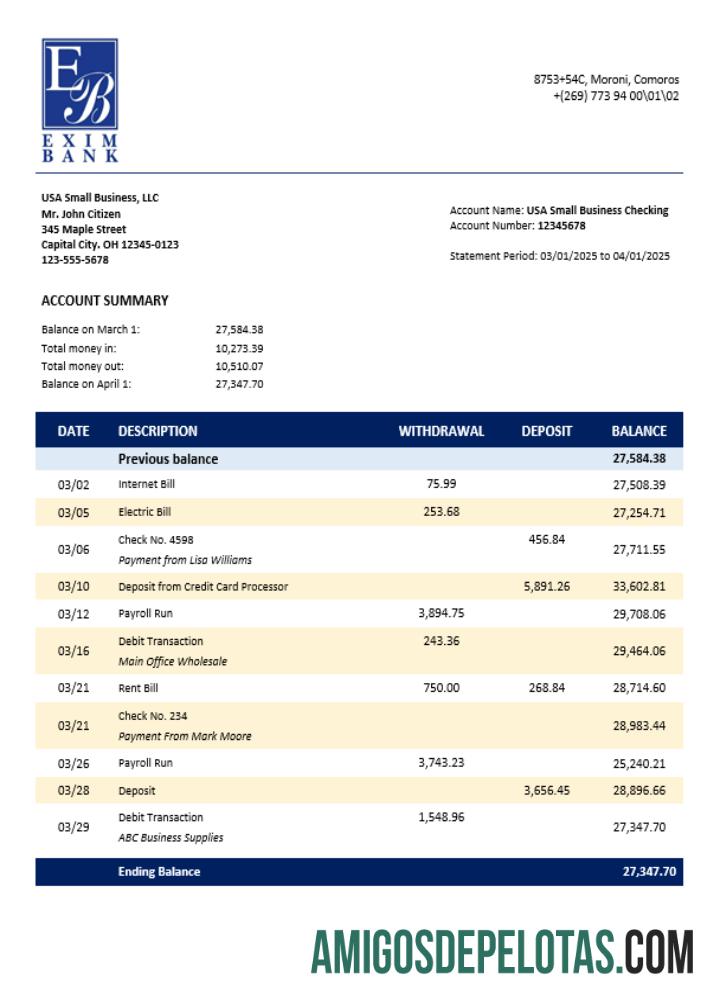 Comoran Exim bank enterprise rekening laporan Word and PDF format desain