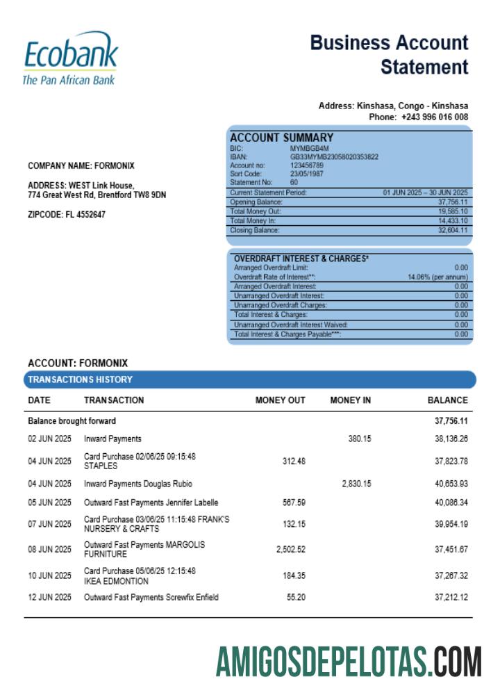 Berkualitas Kongo Ecobank firm rekening laporan Word and PDF templat