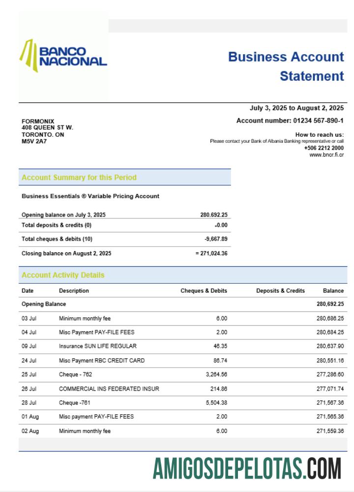 Costa Rican Banco Nacional de Costa Rican bisnis bank Perusahaan rekening laporan Word and PDF format pratinjau