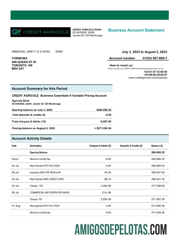 Profesional Kredit Agricole bank enterprise checking rekening laporan Word and PDF templat