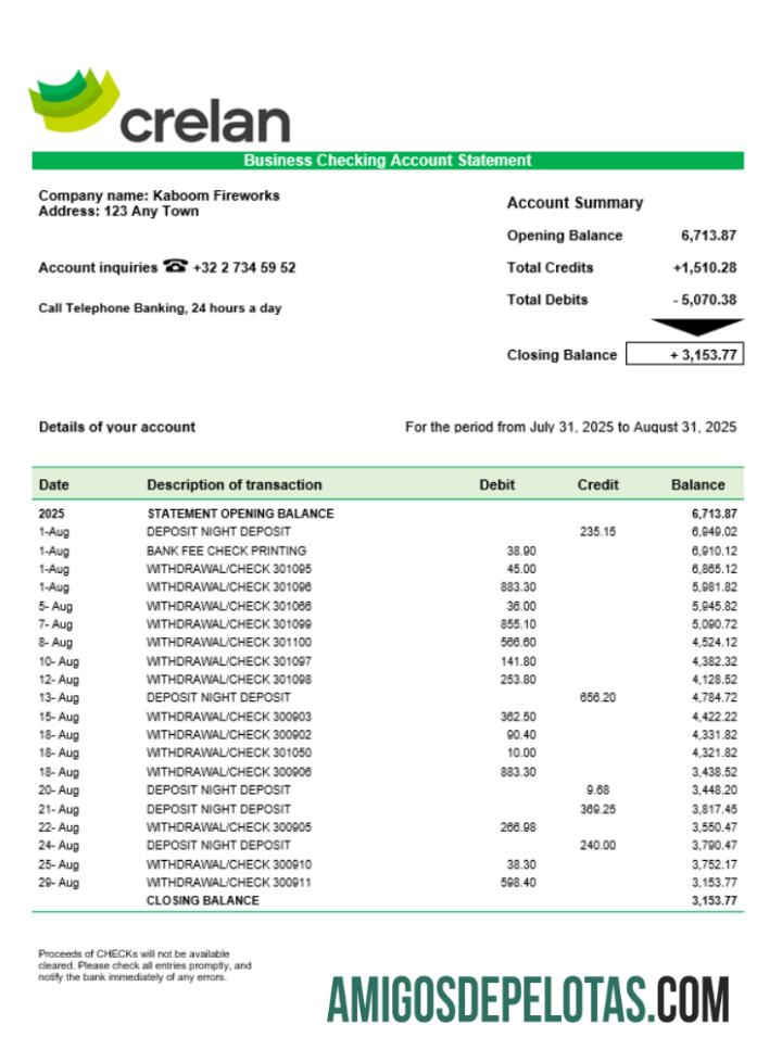 Crelan bank Perusahaan checking rekening laporan Word and PDF format desain