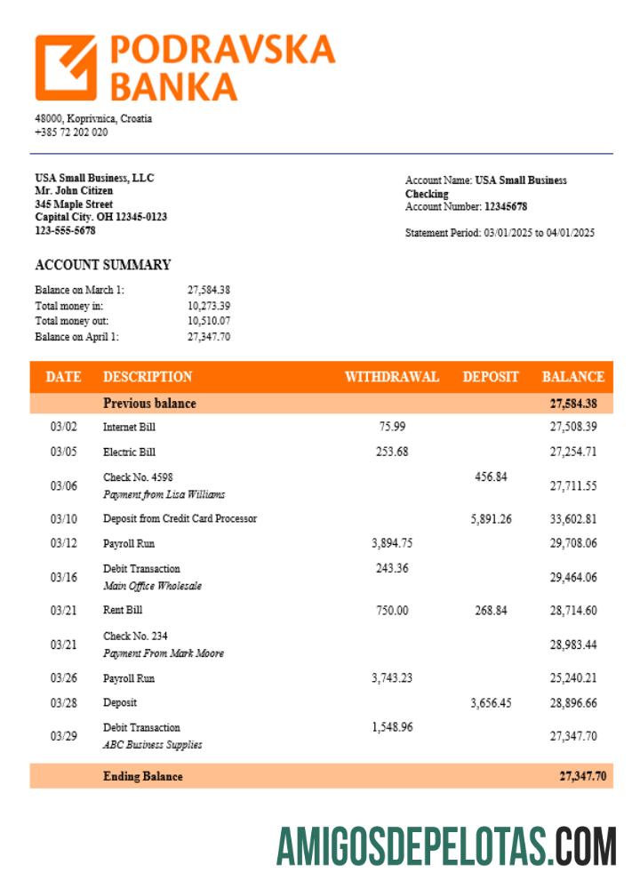 Berkualitas Kroasia Podravska bank corporate checking rekening laporan Word and PDF templat