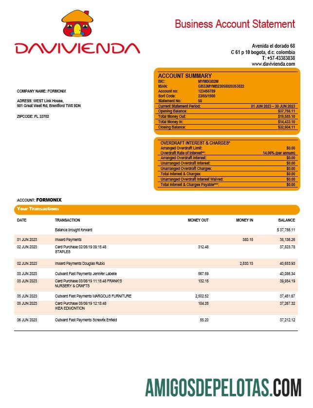 Profesional Davivienda bank Perusahaan checking rekening laporan Word and PDF templat