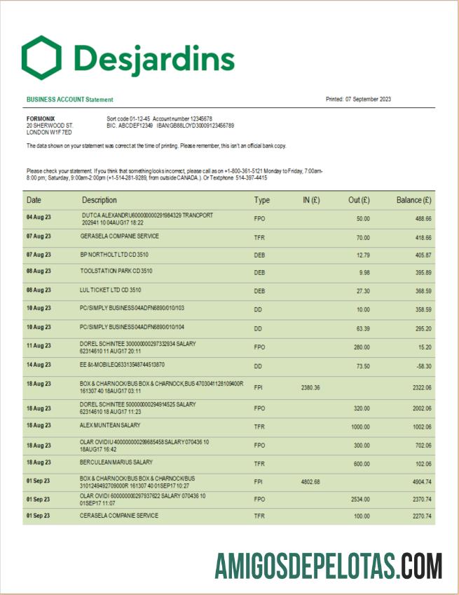 Realistis Desjardins bank corporate checking rekening laporan Word and PDF templat