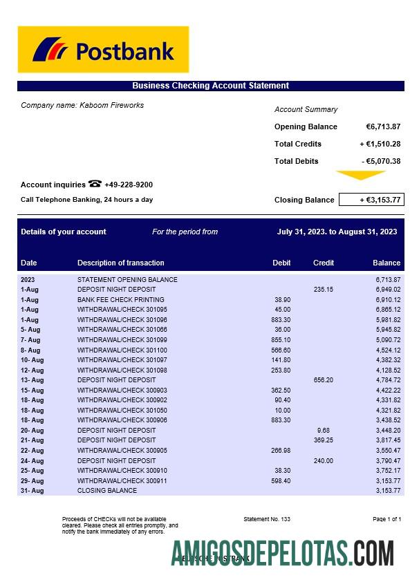 Realistis Deutsche Postbank corporate checking rekening laporan Word and PDF templat
