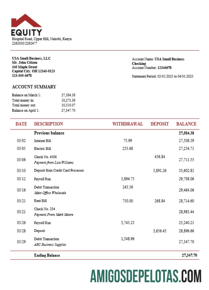 Equity bank bisnis firm rekening laporan Word snd PDF format sampel