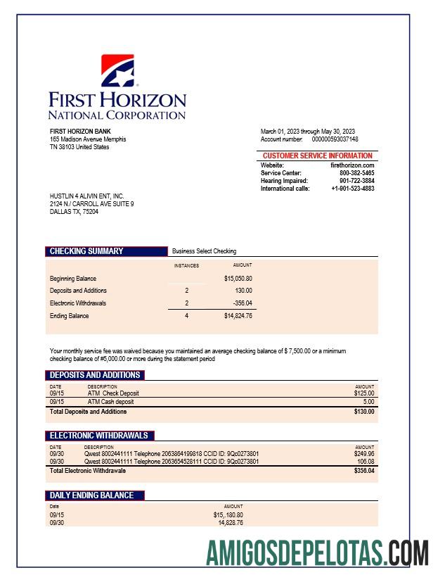 Premium First Horizon bank Perusahaan checking rekening laporan Word and PDF templat