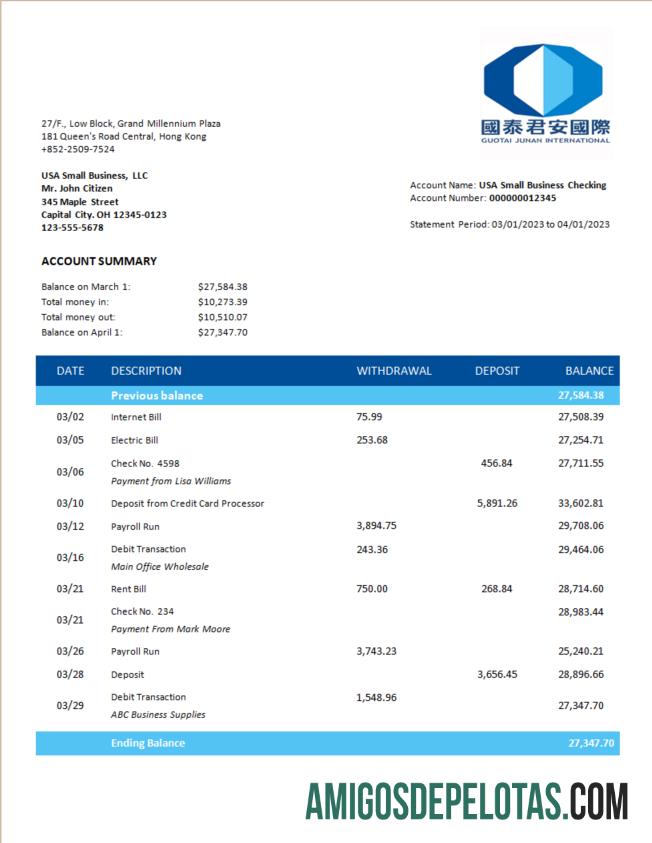 Berkualitas Guotai Junan Securities bank corporate checking rekening laporan Word and PDF templat