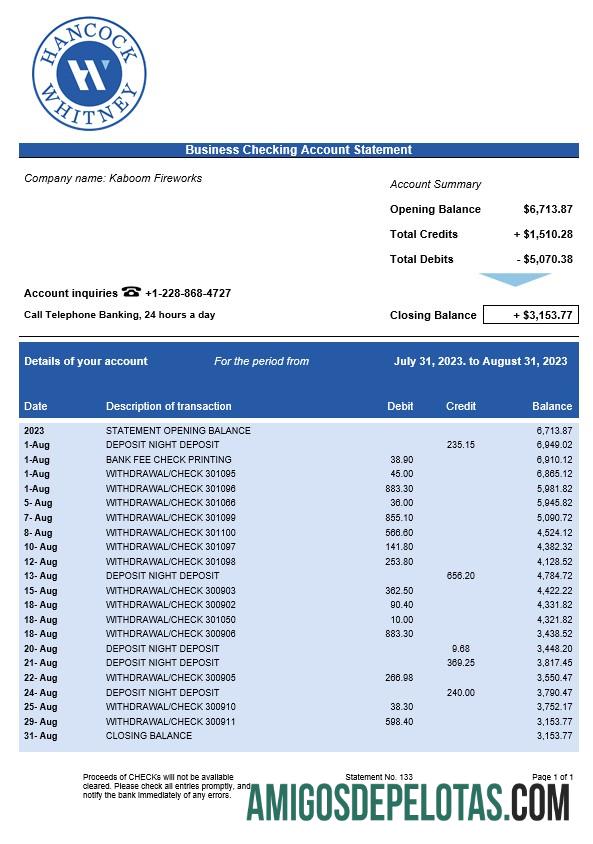Profesional Hancock Whitney bank bisnis checking rekening laporan Word and PDF templat