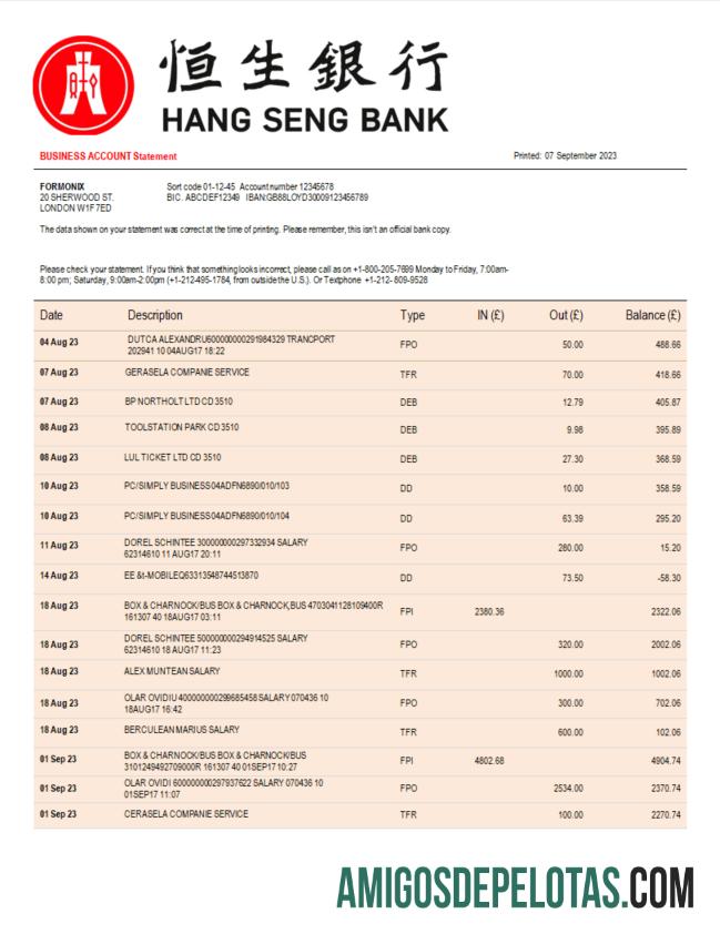 Dapat Diedit Hang Seng bank corporate checking rekening laporan Word and PDF templat