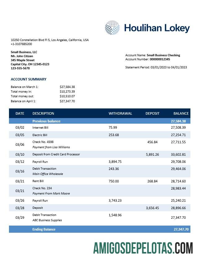 Realistis Houlihan Lokey Inc bank Perusahaan checking rekening laporan Word and PDF templat