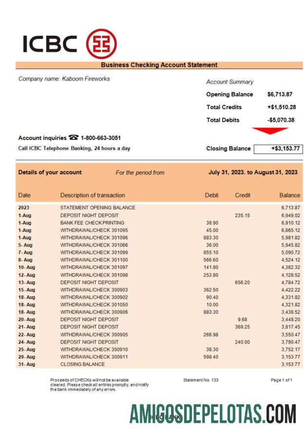 Berkualitas ICBC bank bisnis checking rekening laporan Word and PDF templat