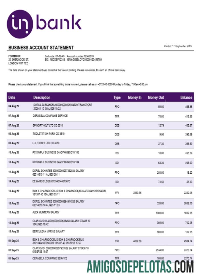 Inbank bisnis firm rekening laporan Word snd PDF format templat
