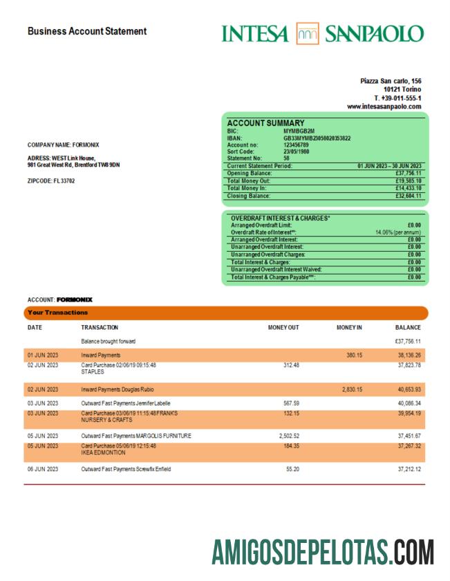 Premium Intesa Sanpaolo bank enterprise rekening laporan Word and PDF templat