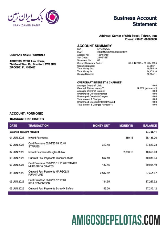 Premium Iran Zamin bank firm rekening laporan Word and PDF templat