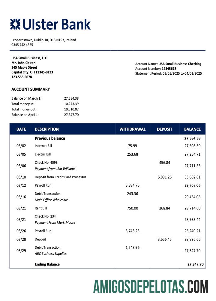 Berkualitas Irish Ulster bank bisnis checking rekening laporan Word and PDF templat