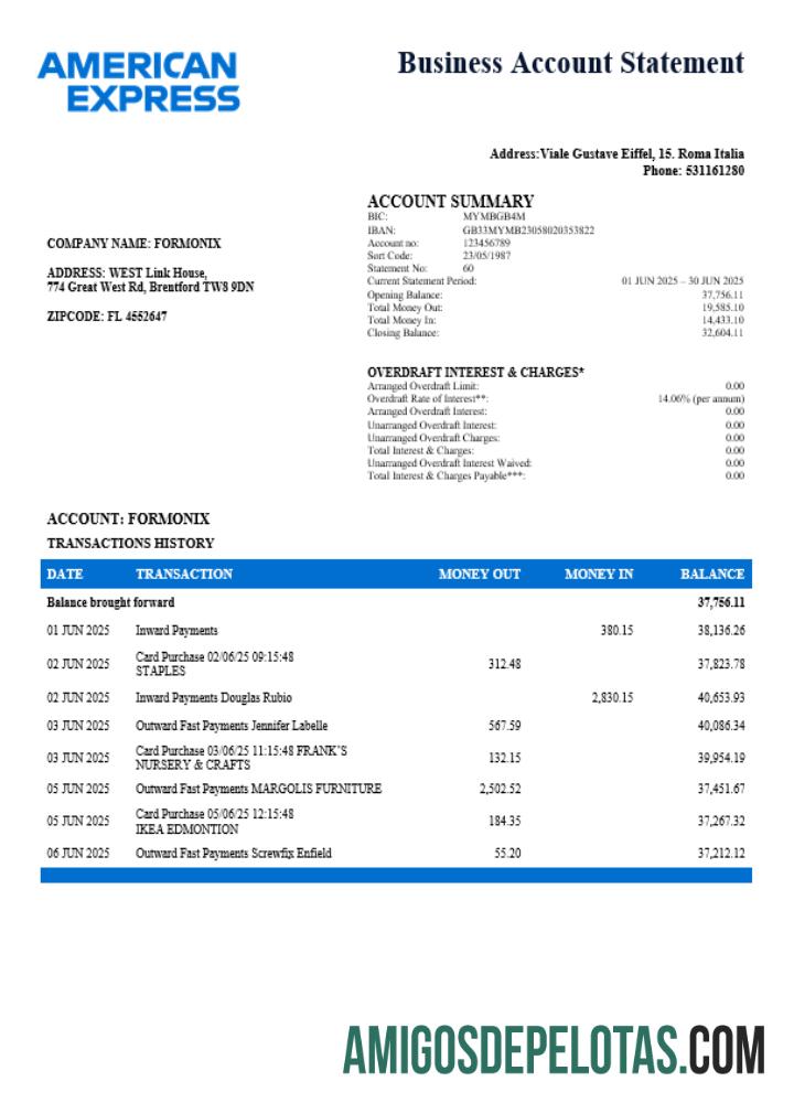 Profesional Italian American Express Amex Perusahaan checking rekening laporan Word and PDF templat