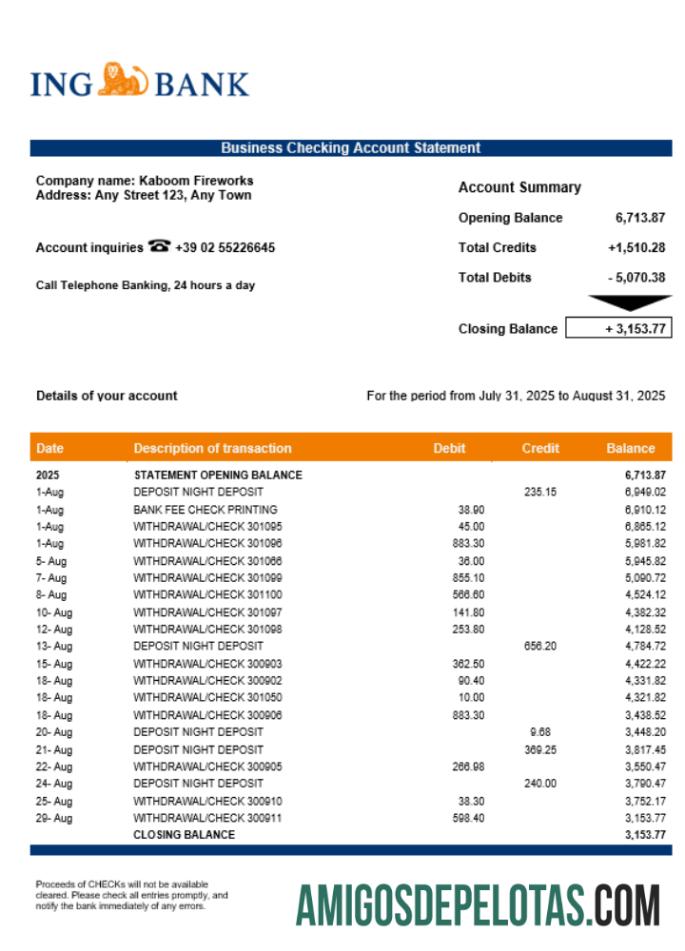 Dapat Diedit Italian ING bank enterprise rekening laporan Word and PDF templat