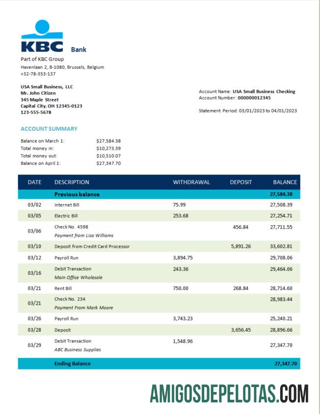 Realistis KBC bank corporate rekening laporan Word and PDF templat