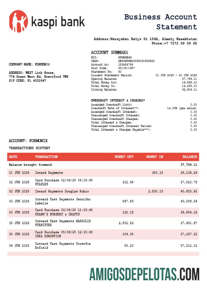 Profesional Kaspi bank organization checking rekening laporan Word and PDF templat