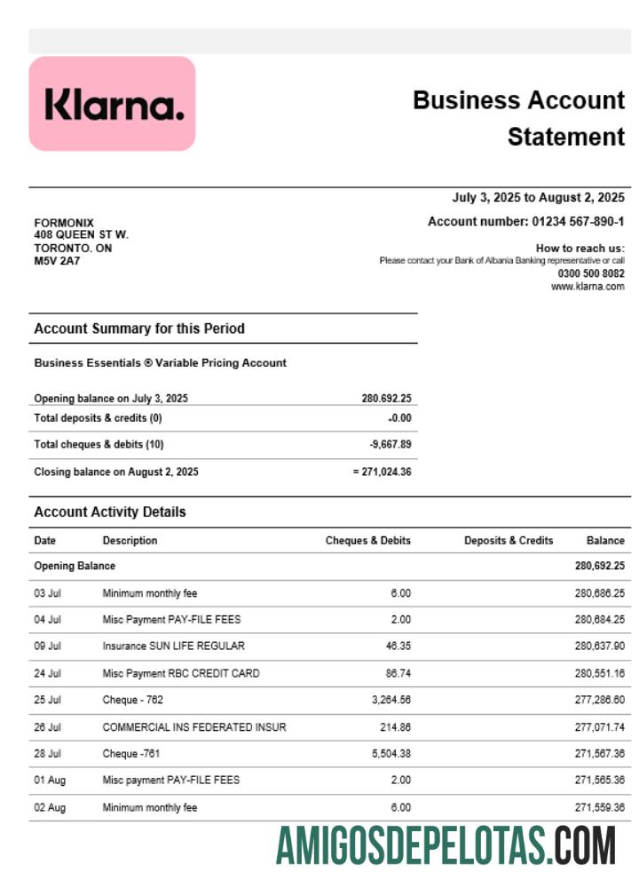 Profesional Klarna bank firm rekening laporan Word and PDF templat