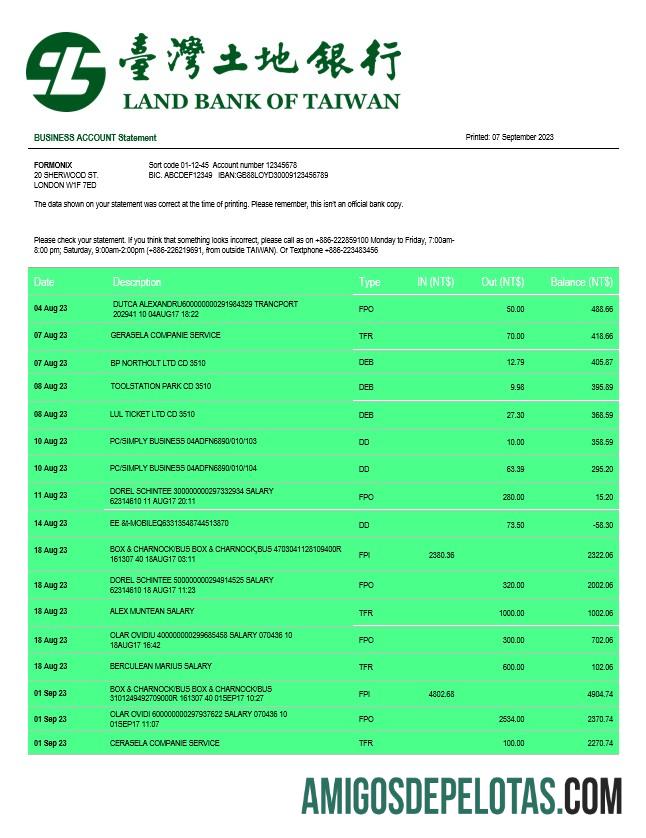 Berkualitas Land bank of Taiwan firm rekening laporan Word and PDF templat