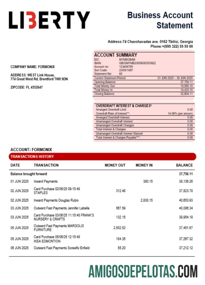 Liberty bank organization checking rekening laporan Word and PDF format templat