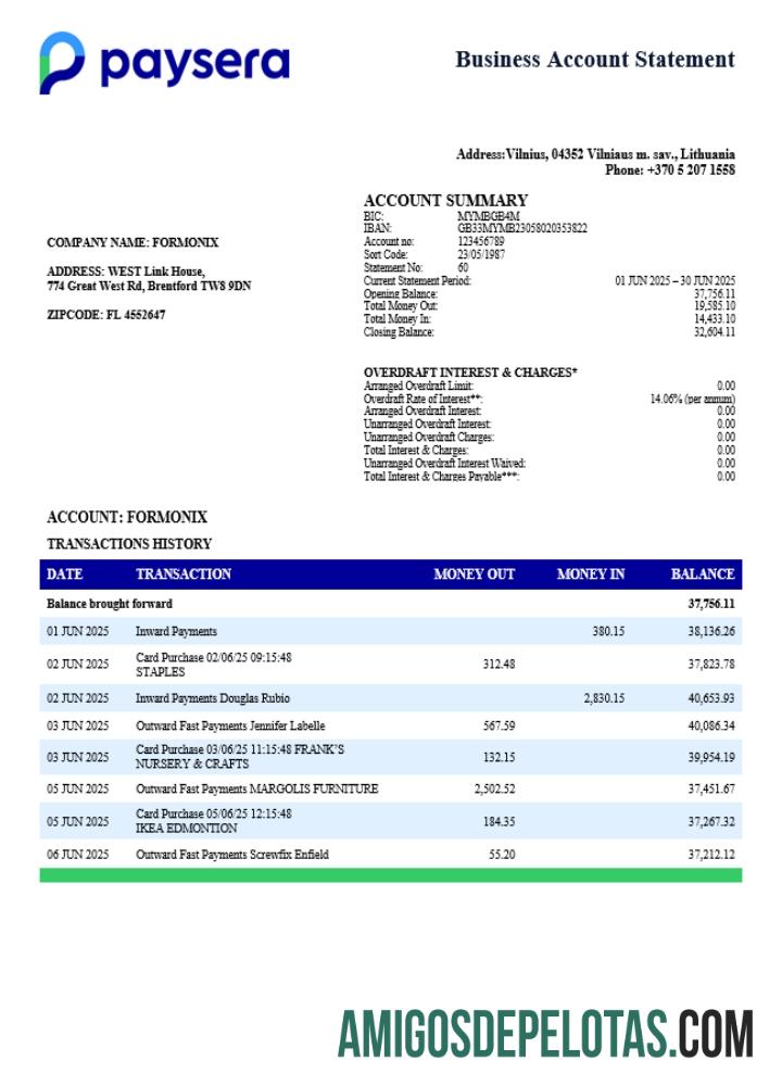 Dapat Diedit Lithuanian Paysera firm rekening laporan Word and PDF templat (1)