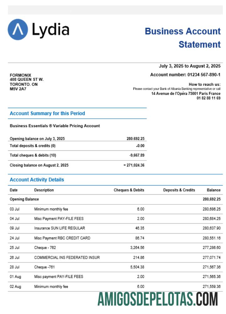 Lydia Noir bank bisnis firm rekening laporan Word snd PDF format templat
